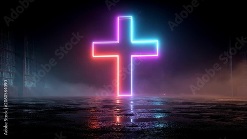 Glowing neon cross in electric blue and purple light floating in a dark misty space with reflective wet ground and futuristic gaming atmosphere
