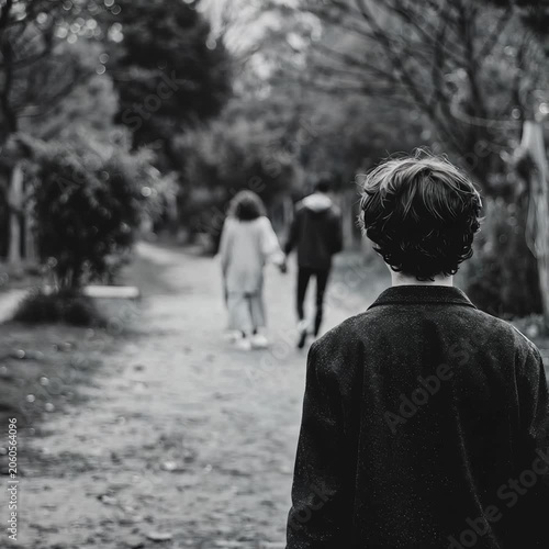 Lone young man walks behind a couple holding hands on a tree lined path in black and white, evoking solitude and quiet longing