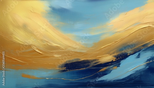 Texture Oil And Acrylic Smear Blot Painting Landscape Abstract Gold And Blue Color Stain Brushstroke Paper Background Contemporary Art