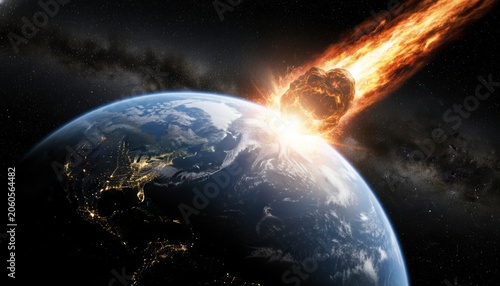 Large asteroid impacting earth in space doomsday scenario