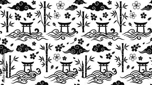 Cuadro en lienzo Repeated black and white folkloric pattern featuring stylized deer and trees
