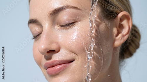 Close up portrait of beautiful young woman washing her face with clean splashing water skin care routine hygiene moisturization and facial treatment concept for natural beauty cosmetics industry