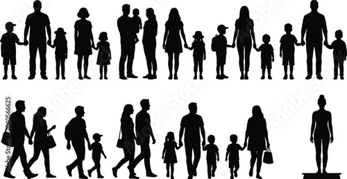 Photos Set of diverse family silhouettes featuring parents standing and walking with th