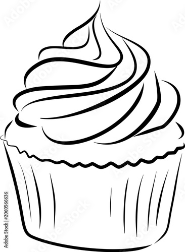 Sweet cupcake with cream line art vector illustration. Hand drawn outline icon of delicious muffin dessert isolated on transparent background for bakery brand.