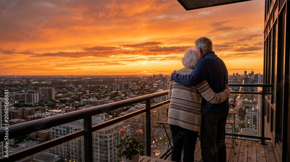 Fototapeta premium Elderly couple embracing on balcony watching vibrant sunset over cityscape