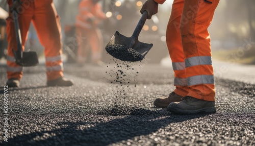 Road construction workers spreading asphalt for pavement repair