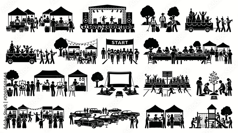 Fototapeta premium Black and White Glyph Icons of Community Events, Outdoor Festivals, Social Gatherings and Public Activities
