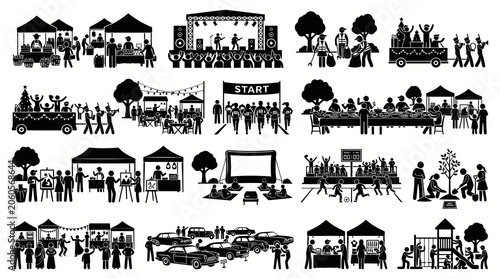 Black and White Glyph Icons of Community Events, Outdoor Festivals, Social Gatherings and Public Activities