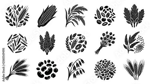 Black  White Glyph Icons of Various Grains and Cereals for Food Industry