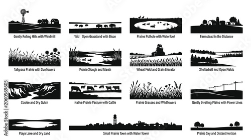 Agriculture and Rural Prairie Landscape Silhouettes Glyph Set for Midwestern Farm Life and Nature