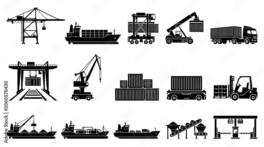 Obraz premium Black and White Shipping and Logistics Icons: Cranes, Ships, Trucks, and Forklifts