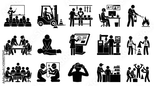 Industrial Workplace Safety, Training, and Business Processes Black and White Glyph Pictograms