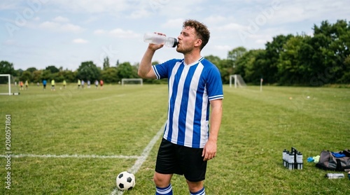 Soccer player drinking water on field during practice break