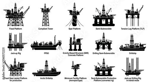 Offshore Oil  Gas Rigs and Production Platforms Types. Energy Industry Black Silhouette Icons Set.