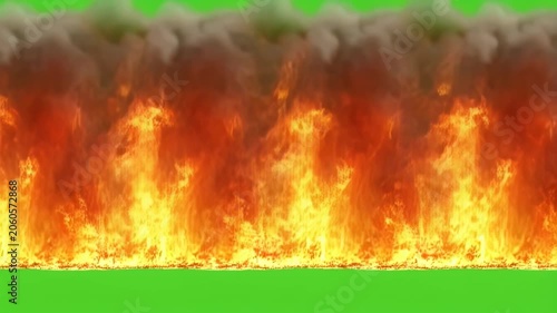 Realistic Wall of Fire Flames Burning on Green Screen Background with Rising Smoke
