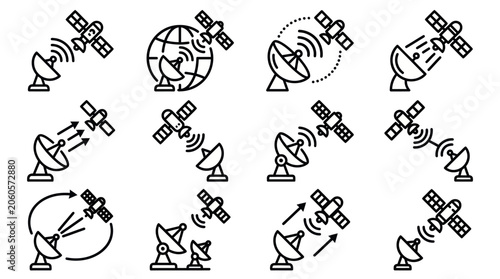 Bild auf Leinwand Parabolic antenna and orbital satellite outline icons.