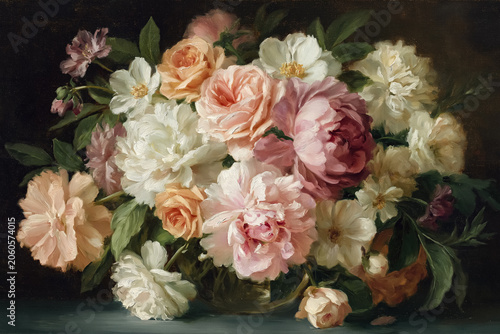 Delicate floral oil painting featuring a vase with blooming roses, peonies, and other flowers on a dark background