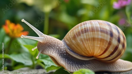Macro photograph of a common garden snail with a patterned spiral shell crawling slowly over green leaves in a lush natural flower garden setting