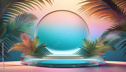 Summer Tropical Podium Scene With Palm Leaves And Crystal Glass Circle For Product Display D Rendering