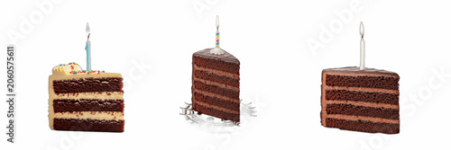Foto Set of decadent chocolate cake slices with birthday candles isolated on white background