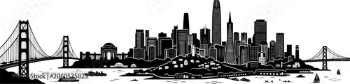 San Francisco skyline horizontal banner. Black and white silhouette of San Francisco, California. Vector template for your design