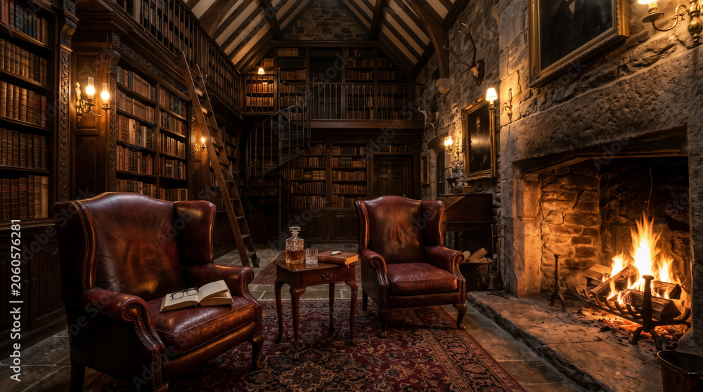 Obraz premium A burning stone fireplace illuminates a Gothic library interior featuring dark oak bookshelves and leather wingback chairs. AI