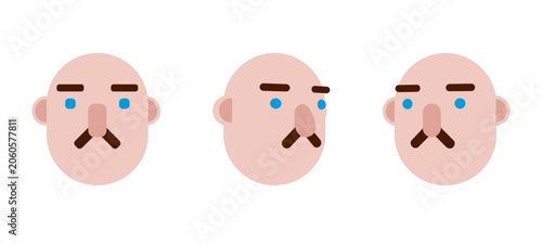 Three Mustached Heads: A minimalist illustration featuring three stylized heads, each with a prominent mustache and blue eyes, presented from different angles to showcase distinct perspectives.