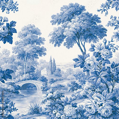 Toile de Jouy vintage pattern illustrating a pastoral landscape with a stone bridge over a river, a rural house, and abundant flowers