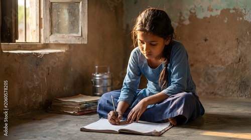 Indian Village School Girl Studying on Floor