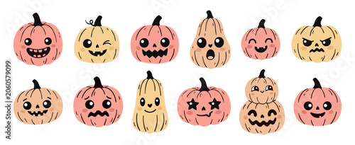 Cute Funny Halloween Pumpkins Collection. Kawaii pumpkin and gourd characters with different expressions in a playful cartoon style.