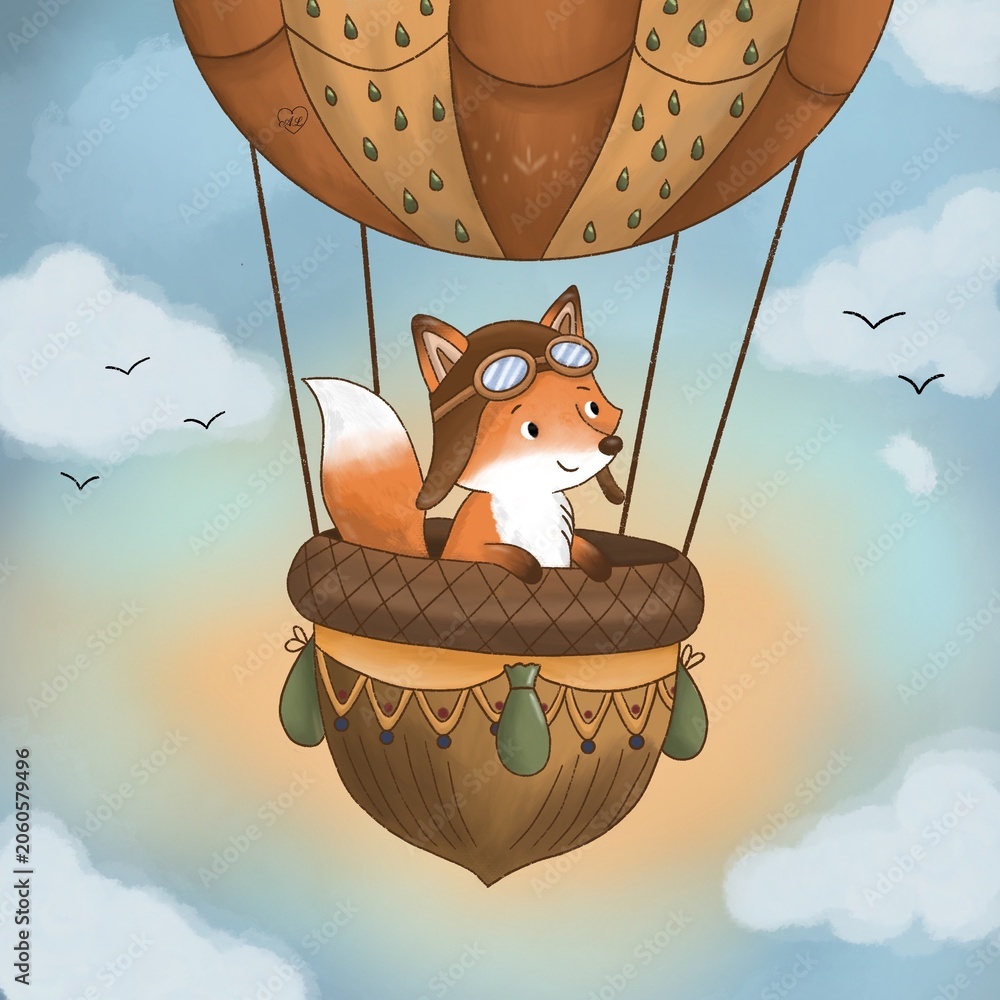 Obraz premium Adorable baby fox traveling in an acorn hot air balloon, watercolor nursery art
