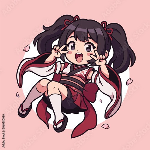Chibi Anime Girl In Kimono With Floating Cherry Blossoms