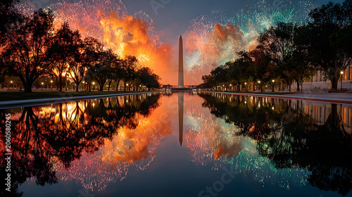 The Washington Monument stands tall as colorful fireworks explode over the reflecting pool at dusk.