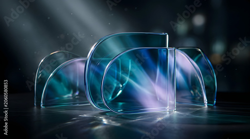 Abstract composition of translucent glass geometric elements with dramatic lighting effects