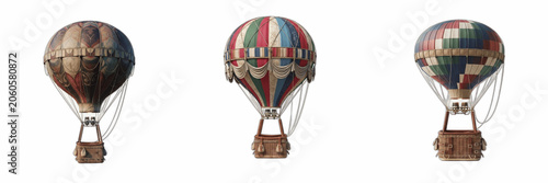 Vintage Hot Air Balloon Set Isolated on Transparent Background. Retro Steampunk Flying Airships Clipart for Scrapbooking, Antique Adventure Theme, Carnival Celebration Decor, Whimsical Fairytale PNG G