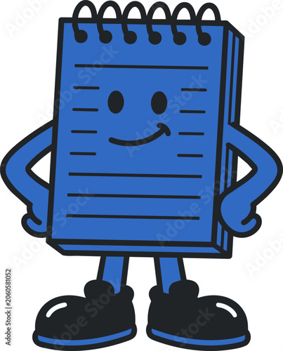 Cartoon mascot of a blue spiral notebook character standing with hands on hips, isolated on white background