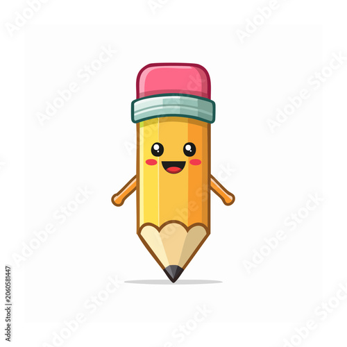Cute cartoon pencil character with eraser and smile