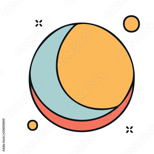 Flat design planet and moon icon with sun and stars