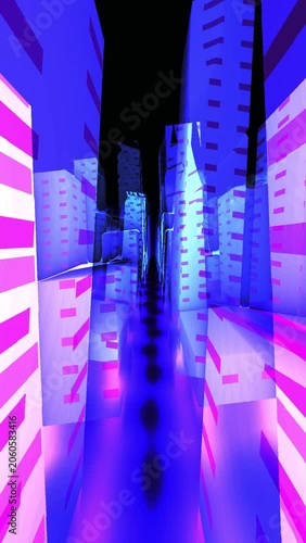 Futuristic Cityscape with Neon Lights and Tall Buildings.