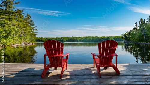 two red adirondack chairs on wooden dock overlooking calm lake with lush green trees in warm summer sunlight serene cottage country retreat in muskoka ontario canada with peaceful water reflections
