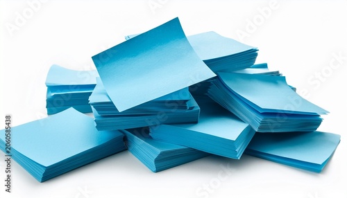 untidy pile various colors blue square sticky post it note isolated white background photo