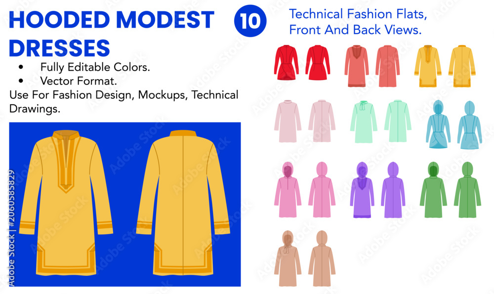 Εκτύπωση καμβά Hooded Modest Dresses collection includes editable technical fashion flats with front and back views, color versions and long covered silhouettes