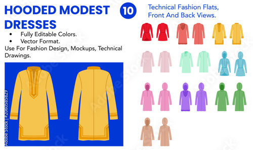 Fotografie Hooded Modest Dresses collection includes editable technical fashion flats with front and back views, color versions and long covered silhouettes