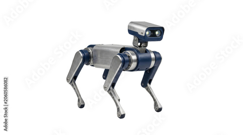 Robotic Dog with Cameras: A futuristic robotic quadruped, designed to resemble a dog, features advanced camera optics for its head and a sleek metallic body.