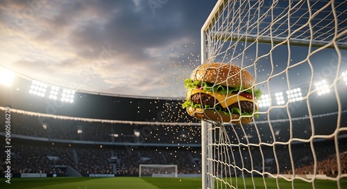 Cheeseburger hitting soccer goal net in stadium