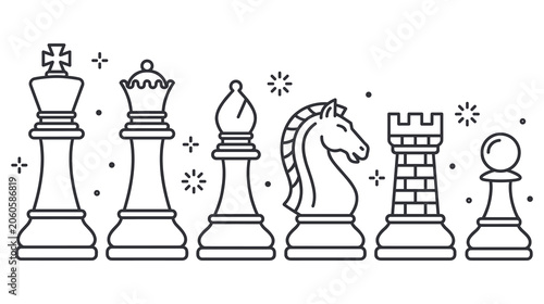 Tableau sur toile Chess game pieces set including king queen bishop knight rook and pawn in outline style