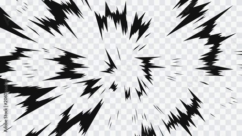 Fotografie Black and white manga explosion effect with jagged radial burst lines and sharp lightning-like shapes