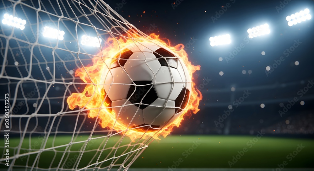 Fototapeta premium Flaming soccer ball hitting goal net in stadium