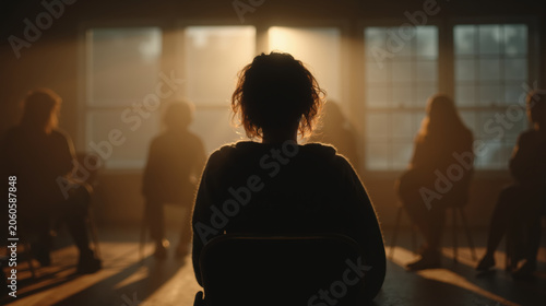 Silhouetted people sitting in a circle during a support group meeting. Anonymous individuals in a dark room with warm backlighting from windows. Group therapy and mental health counseling concept