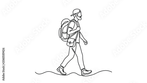 Tableau sur toile Continuous one line drawing of a male hiker walking with a backpack